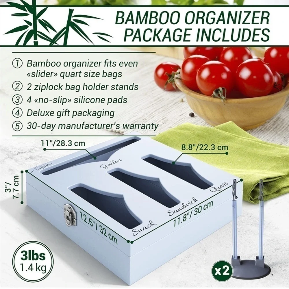 Brand New Bamboo Ziploc Bag Storage Organizer for Drawer or Wall Mount w/ Stands